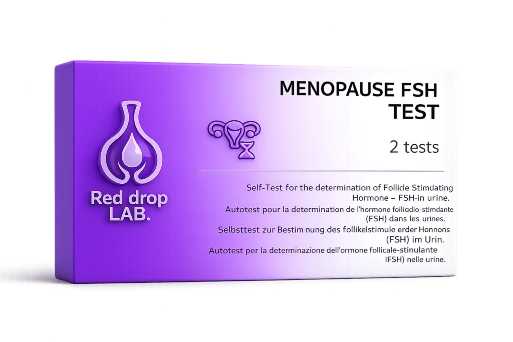 Une boîte étiquetée "Test ménopause FSH - (prochainement)" contient 2 tests urinaires ménopause FSH, avec des instructions multilingues au recto pour la détection de l'hormone folliculo-stimulante (FSH).