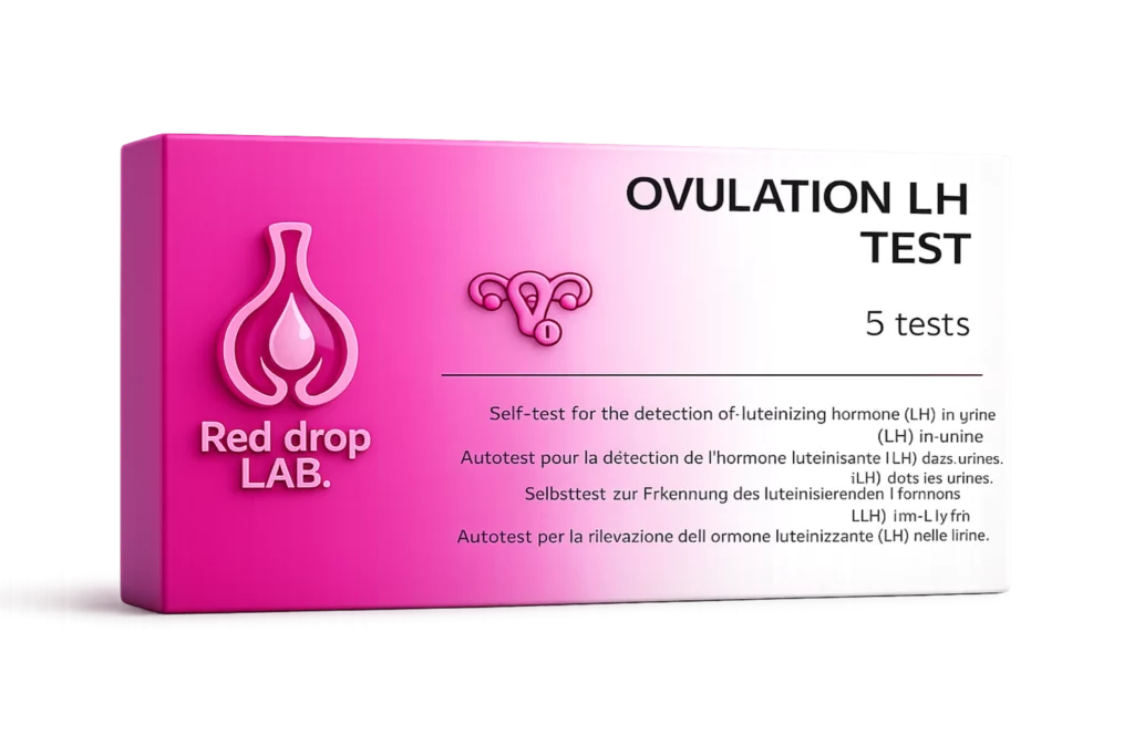 A pink and white "Ovulation LH Test" box from Red Drop Lab with 5 urine self-test kits for luteinizing hormone (LH), info in several languages. Menopause FSH test coming soon.