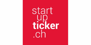 Logo avec texte blanc sur fond rouge indiquant "start up ticker .ch" dans un format empilé.