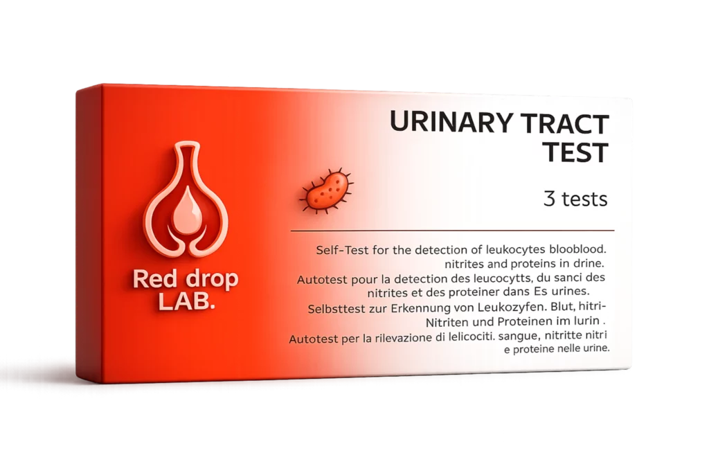 Eine Schachtel mit der Aufschrift "Ovulations-LH-Test - (demnächst)" und dem "Red drop LAB."-Logo, das darauf hinweist, dass sie Ovulations-LH-Tests enthält - ähnlich einem Harnwegstest - mit mehrsprachigem Text auf der Verpackung.