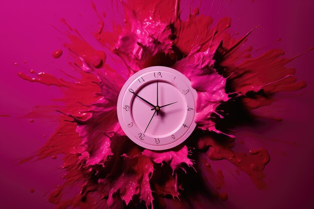 A white clock with black hands is set against a background splattered with pink and red paint.