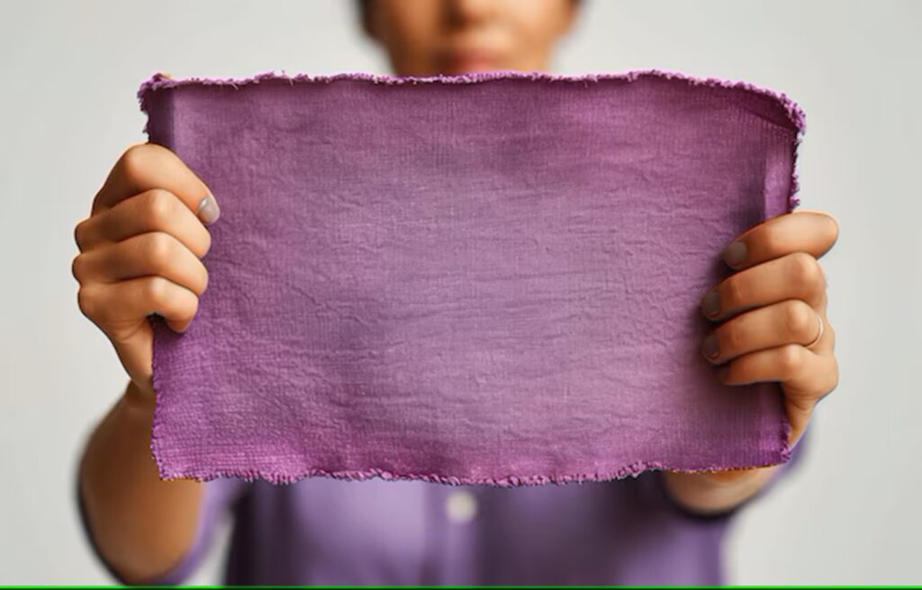Person holding a rectangular piece of purple fabric with frayed edges, both hands visible, standing against a neutral background.