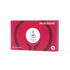Rectangular red box labeled "Vaginal health" and "Red drop LAB." with a drop logo, Swiss Made symbol, and a circular icon in the lower right corner—designed to support vaginal health.