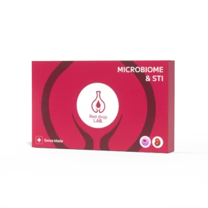 A red and white box labeled "Vaginal health and STI" features the Red Drop Lab logo, Swiss Made symbol, and icons for health and bacteria ideal for comprehensive vaginal health and STI testing.