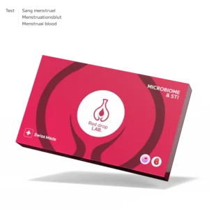 Rectangular red and pink box labeled "Vaginal health and STI" with a Swiss Made symbol, on a white background.
