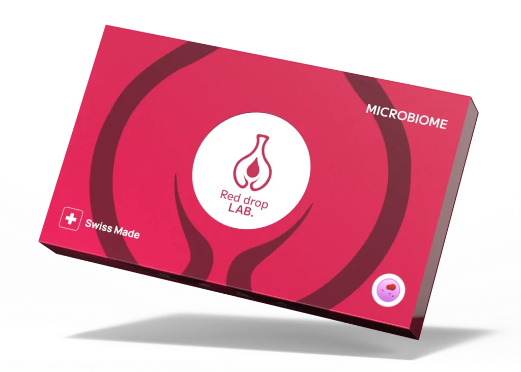 Rectangular red box labeled "Red Drop LAB," featuring a droplet logo, "Sexually Transmitted Infections," and "Swiss Made" text—ideal for STI insights—displayed on a white background.