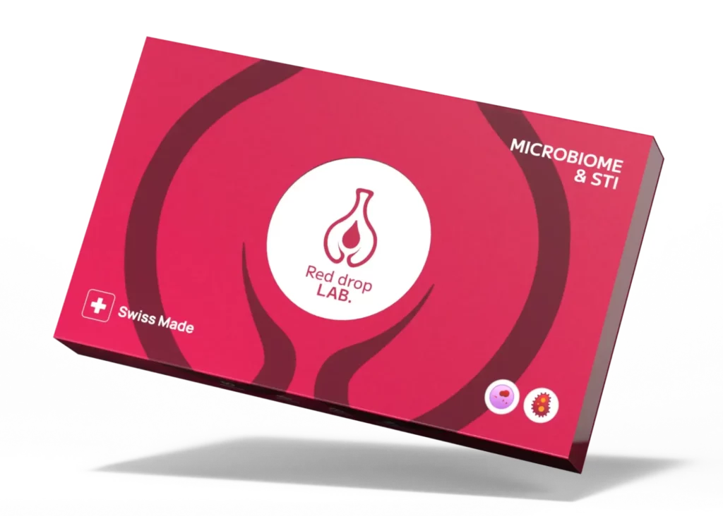 A red and pink box labeled "Red drop LAB." with "Sexually Transmitted Infections," "Swiss Made," a droplet logo, and two small circular icons.