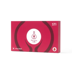 Rectangular red box labeled "Sexually transmitted infections," featuring a white circular logo in the center and "Swiss Made" in the bottom left—designed for discreet STI testing.