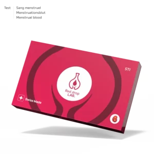 Rectangular red and pink box labeled "Vaginal health and STI," featuring icons for vaginal and STI test, menstrual blood test, and Swiss Made, set on a white background.