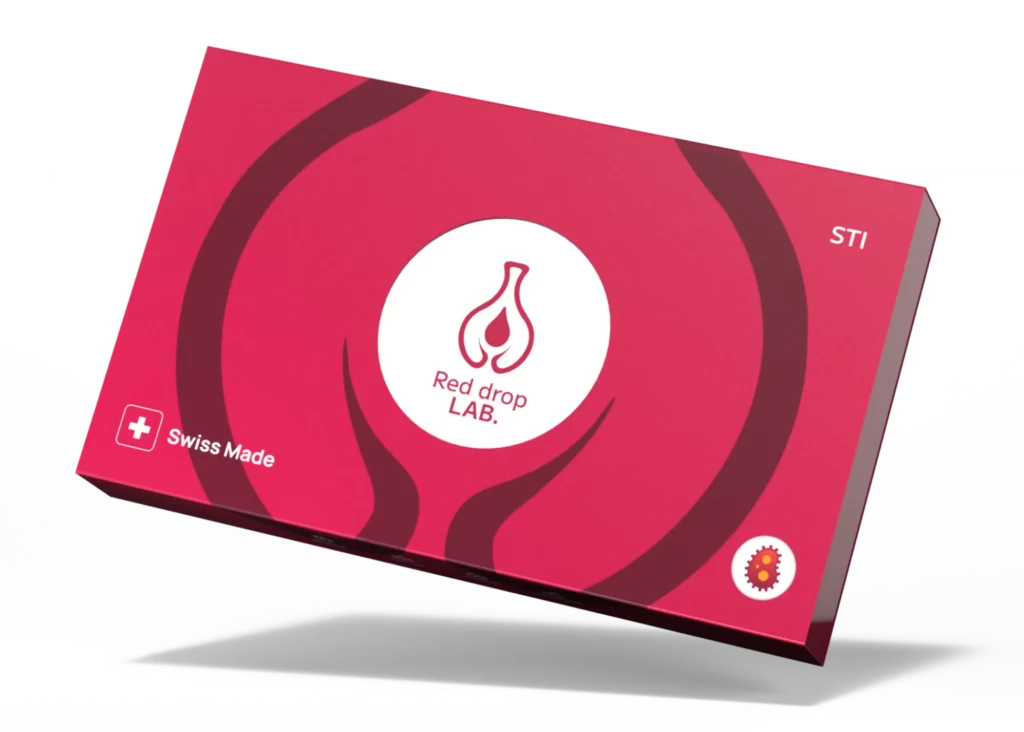 A red rectangular "Sexually Transmitted Infections" box labeled "Red drop LAB." with a drop and flask logo, plus "Swiss Made" and "STI," is shown on a white background.