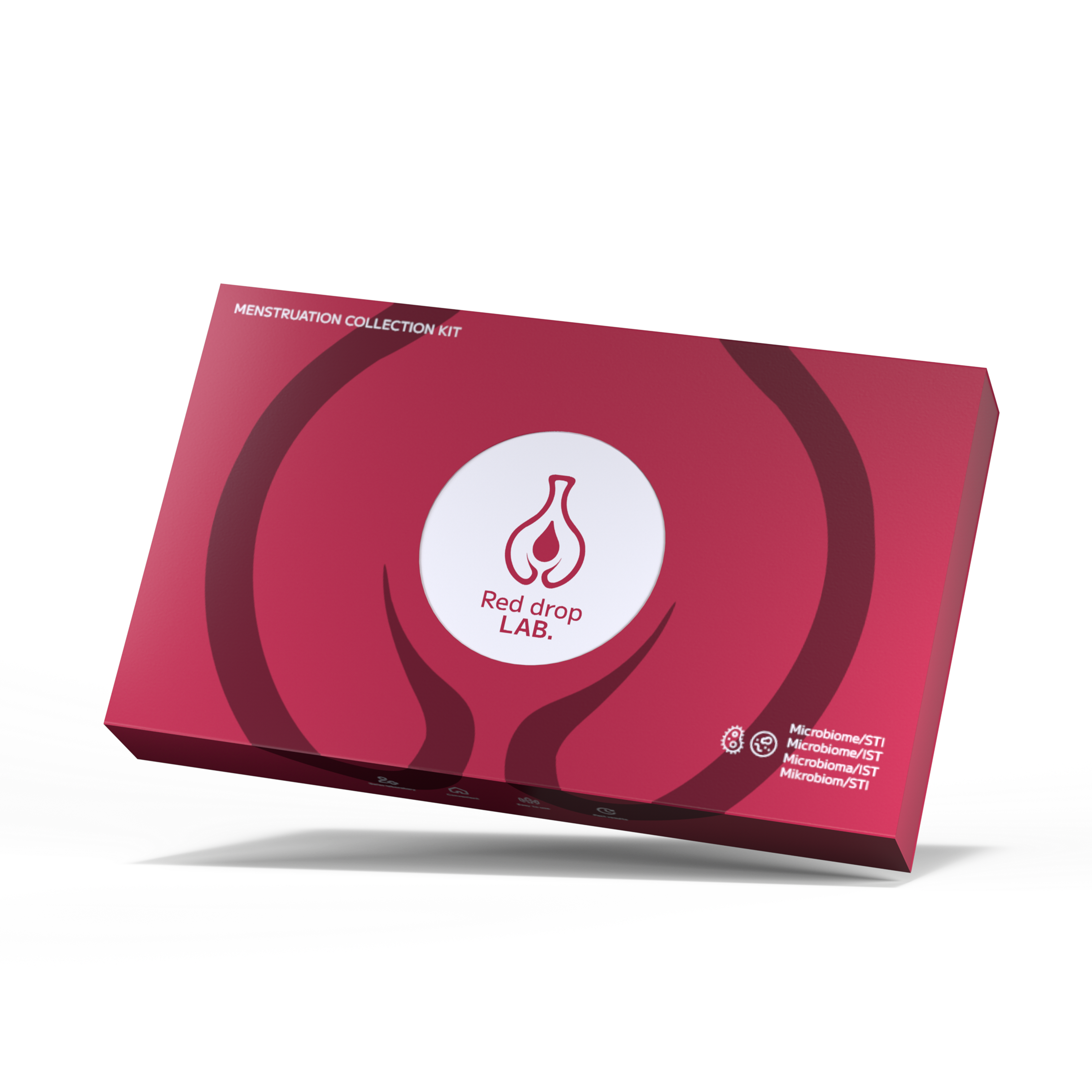 Ein rechteckiger roter Kasten mit der Aufschrift "Red drop LAB." und "Vaginale Gesundheit und sexuell übertragbare Infektionen", mit Symbolen und Text, die Tests für Vaginalflora, Mikrobiom und STIs hervorheben.
