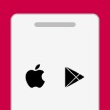 Une carte avec le logo Apple et le logo Google Play côte à côte, sur fond rouge.
