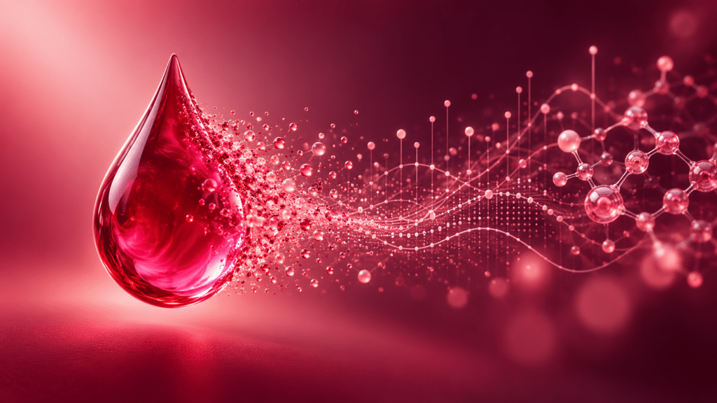 Une goutte de liquide rouge qui se disperse en particules se transformant en une structure moléculaire numérique.