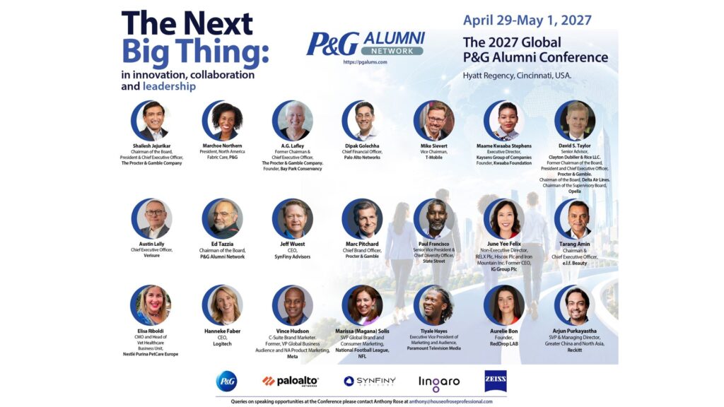 Affiche de la Conférence mondiale des anciens de P&G 2027, présentant une grille composée de 18 portraits des intervenants, accompagnés de leurs noms, fonctions et des détails de l'événement.