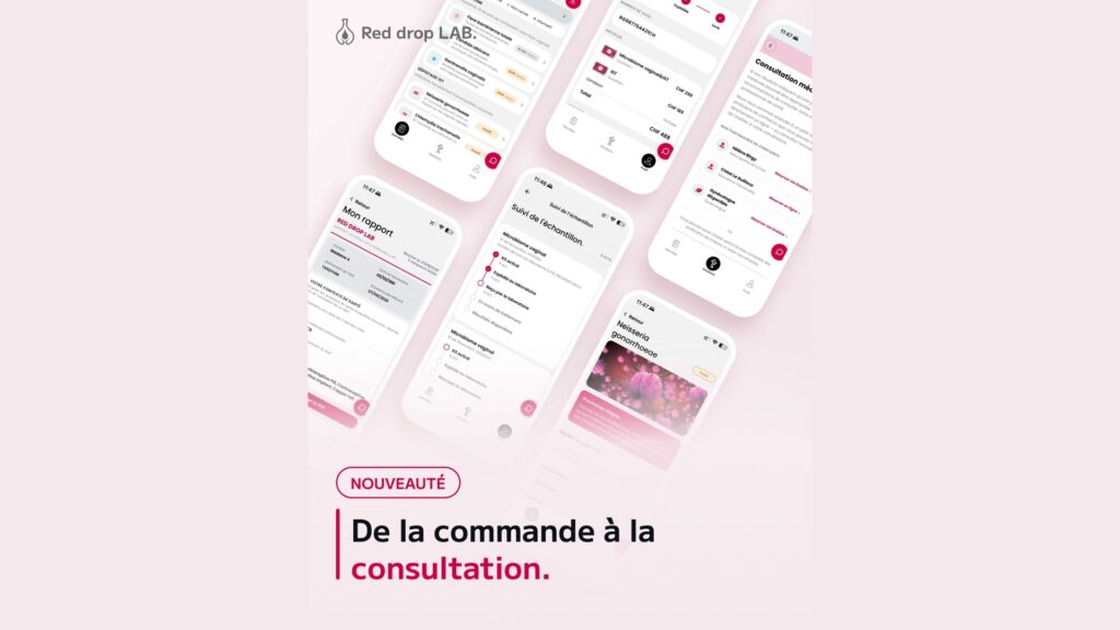 Captures d'écran de l'application mobile Red drop LAB présentant les résultats d'examens médicaux et les pages de prise de rendez-vous pour une consultation, accompagnées de la mention en français « De la commande à la consultation ».
