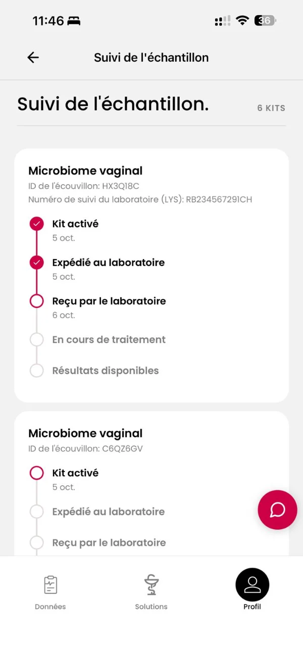 Application Red drop LAB. : suivi des échantillons