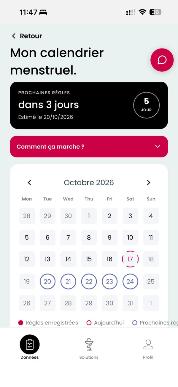 Application Red drop LAB. : calendrier des règles