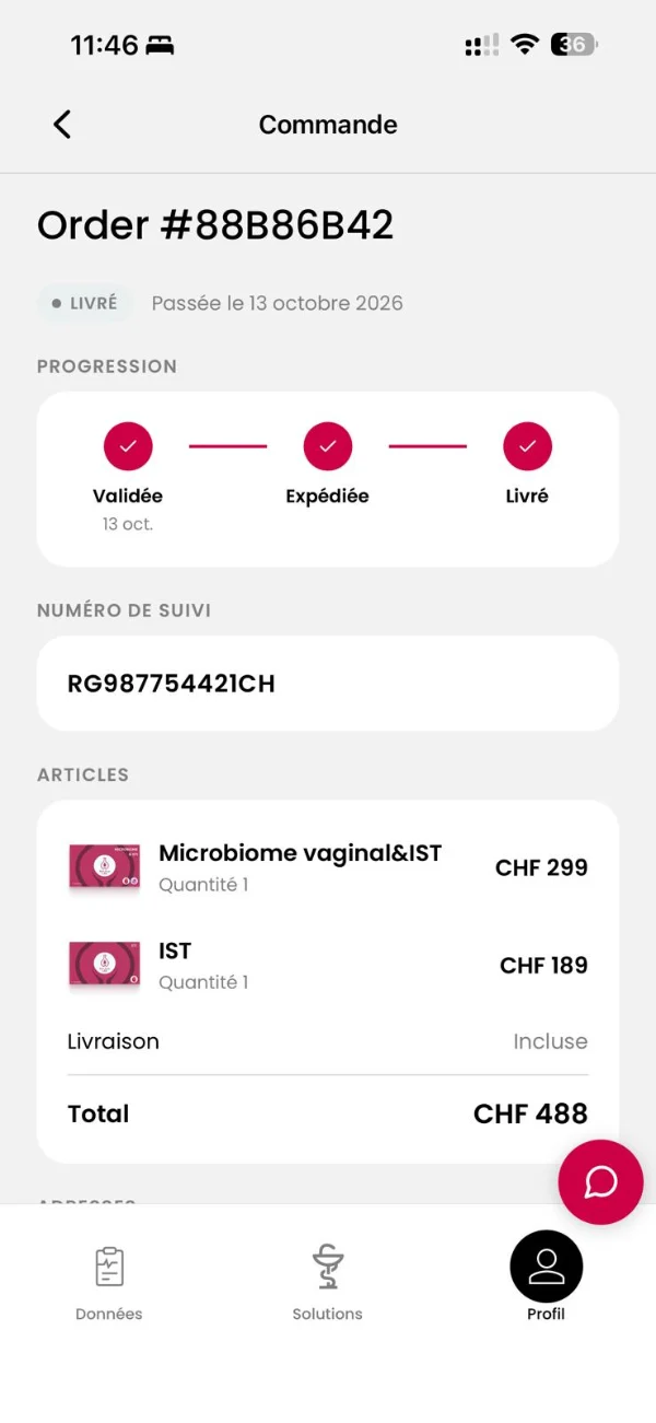 Écran de l'application Red drop LAB. : commande