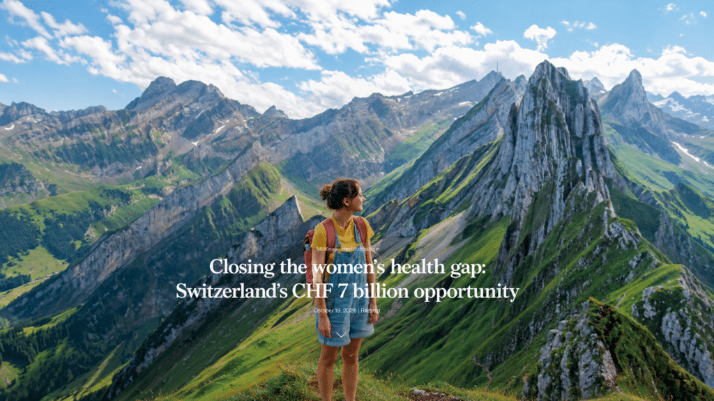 Un randonneur se tient devant une chaîne de montagnes, avec un texte superposé : « Combler les inégalités en matière de santé des femmes : une opportunité de 7 milliards de francs suisses pour la Suisse. ».